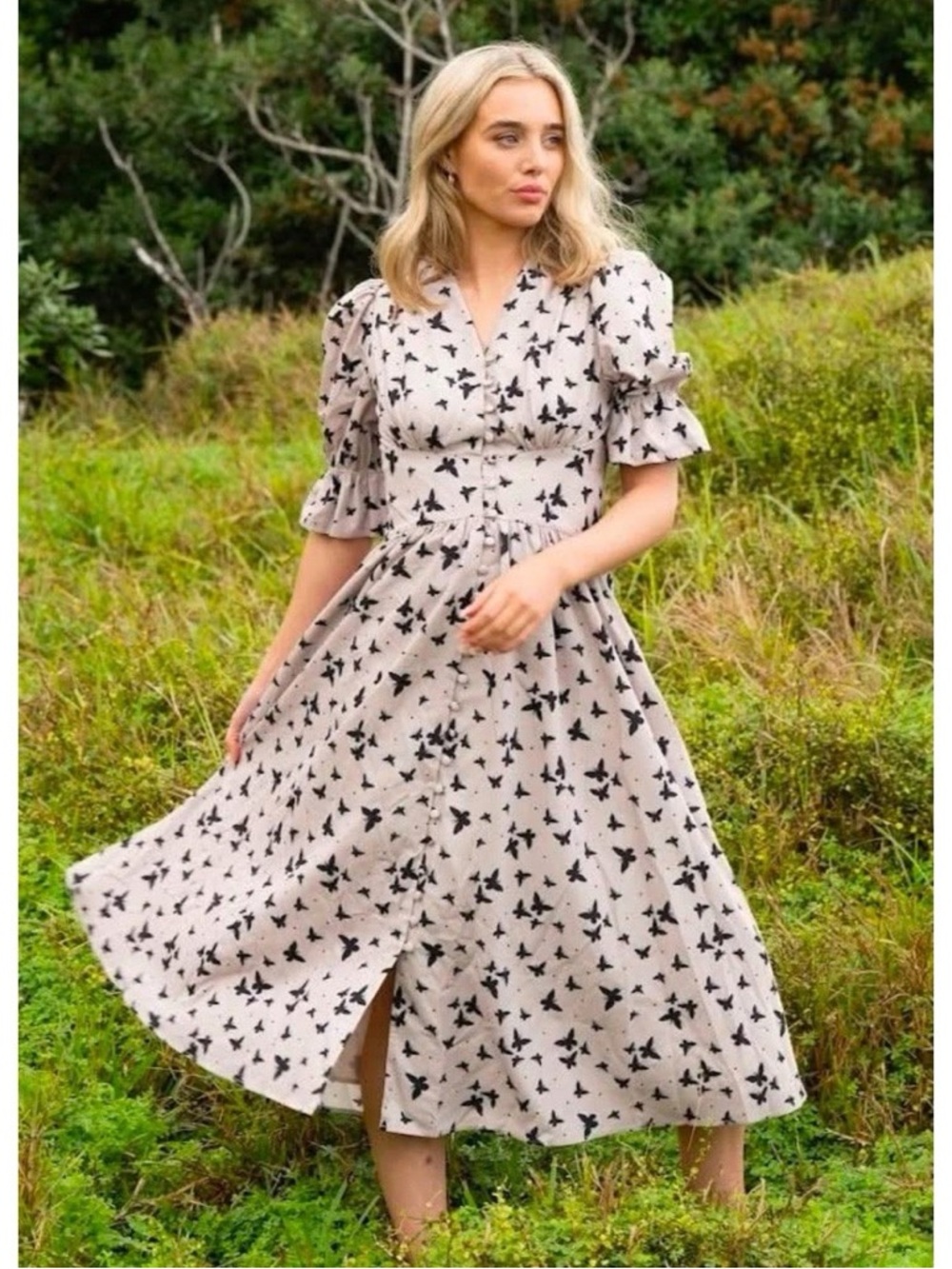 JessaKae Beige Midi Dress with Black velvet butterfly’s